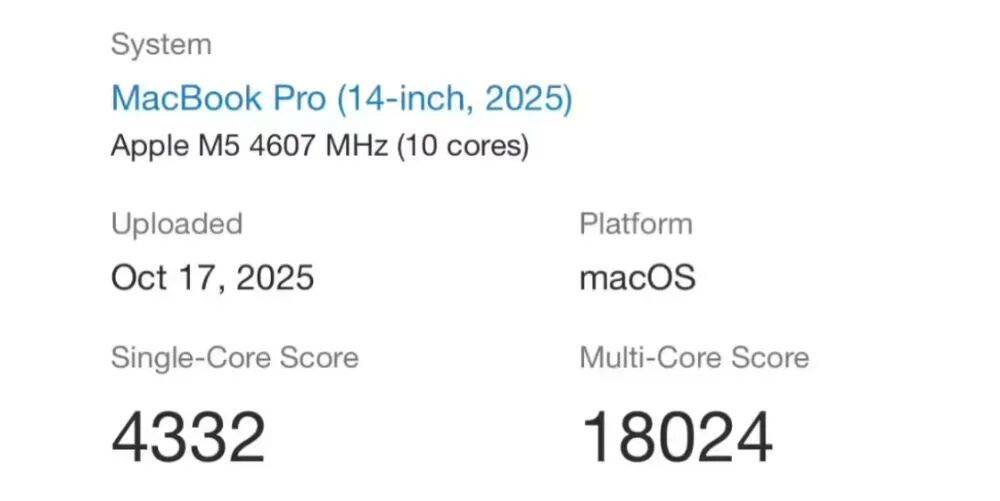 蘋果M5 MacBook Pro現身跑分庫,多核得分18024